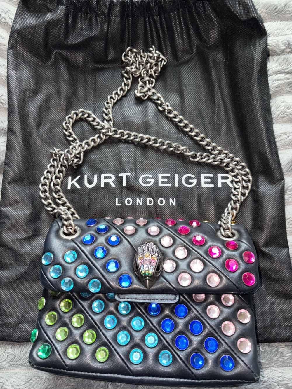 Kurt Geiger Black Leather Shoulder Bag with Multicolor Crystal Studs - Picture 1 of 6